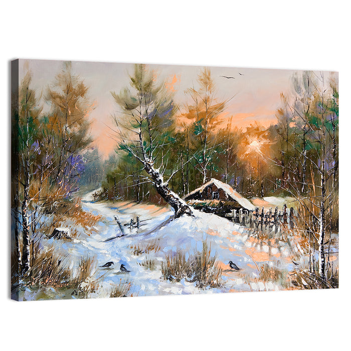 Winter Forest Path with Cabin Wall Art as a canvas print
