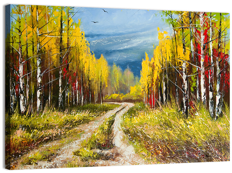 Autumn Birch Path with Two Birds Wall Art
