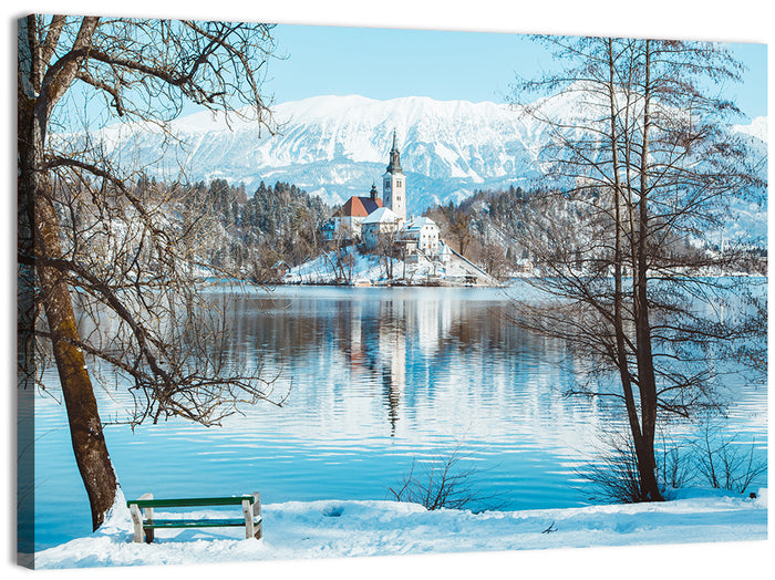 Bled Castle Winter View Wall Art as a canvas print
