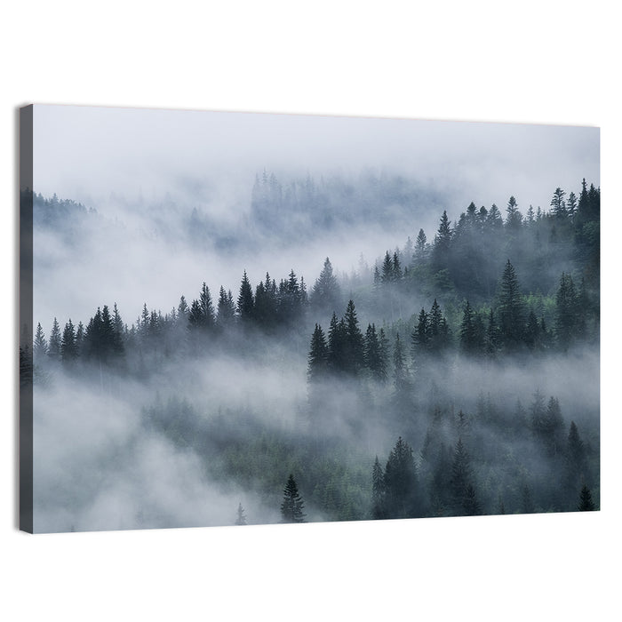 Misty Mountain Pine Forest Wall Art as a canvas print