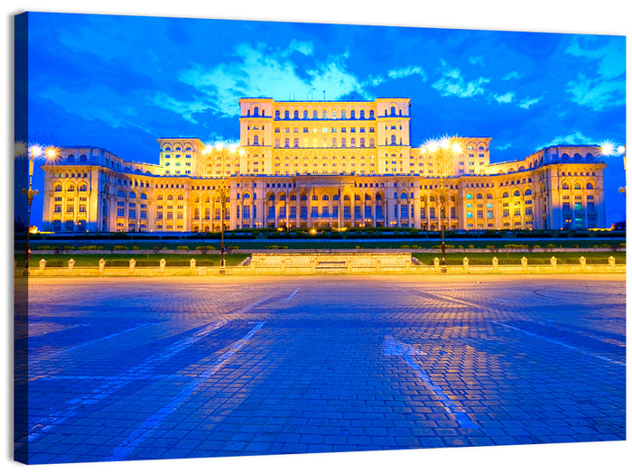 Palace of the Parliament at Twilight Wall Art as a canvas print