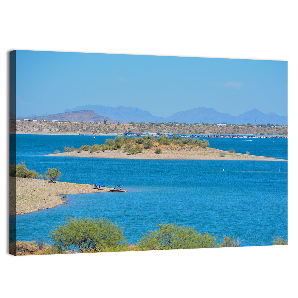 Lake Pleasant Shoreline with Boat Wall Art, canvas print, landscape