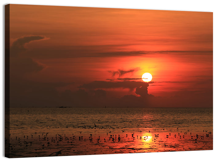 Red Sunrise with Birds Wall Art as a canvas print