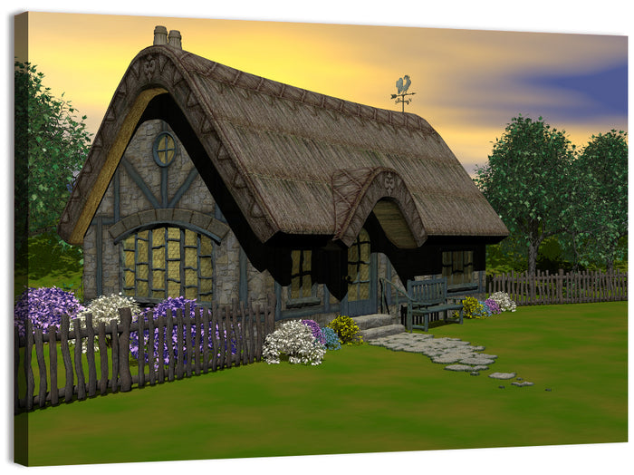 Country Cottage with Thatched Roof Wall Art as a canvas print