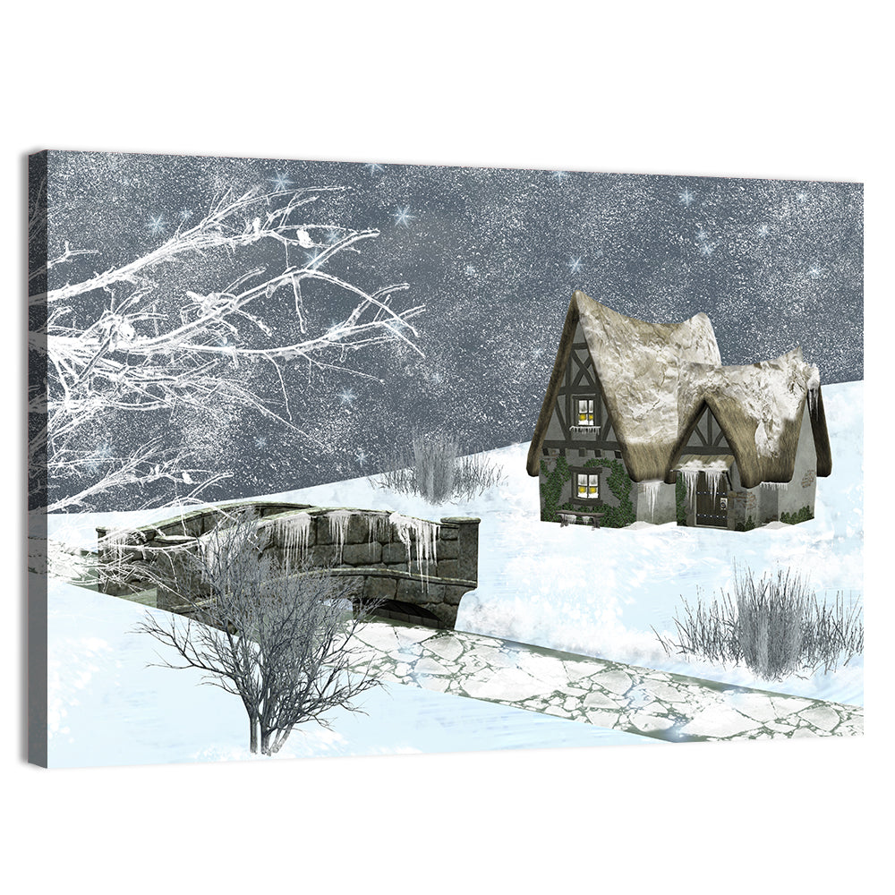 Starry Winter Cottage and Frozen Stream Wall Art