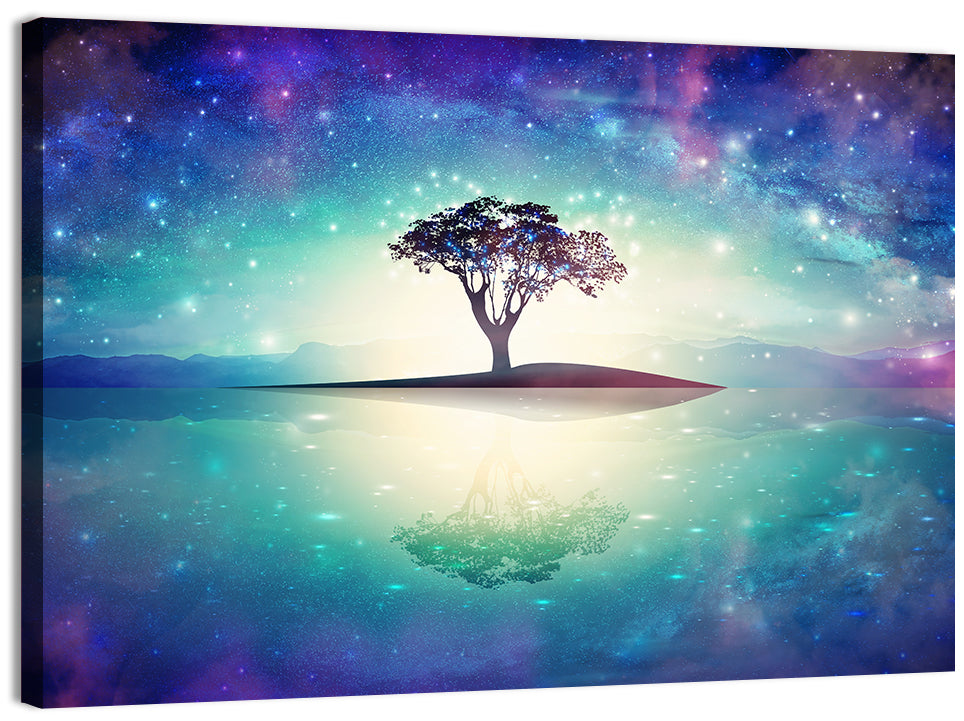 Glowing Island Tree Under Starry Nebula Wall Art