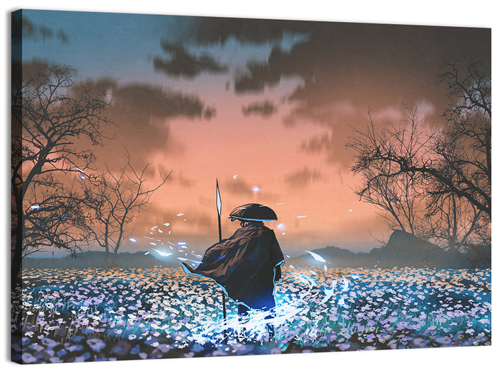 Straw Hat Samurai at Dusk Wall Art as a canvas print