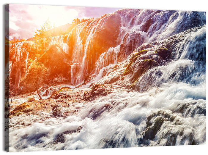 Sunlit Mountain Waterfall Closeup Wall Art as a canvas print