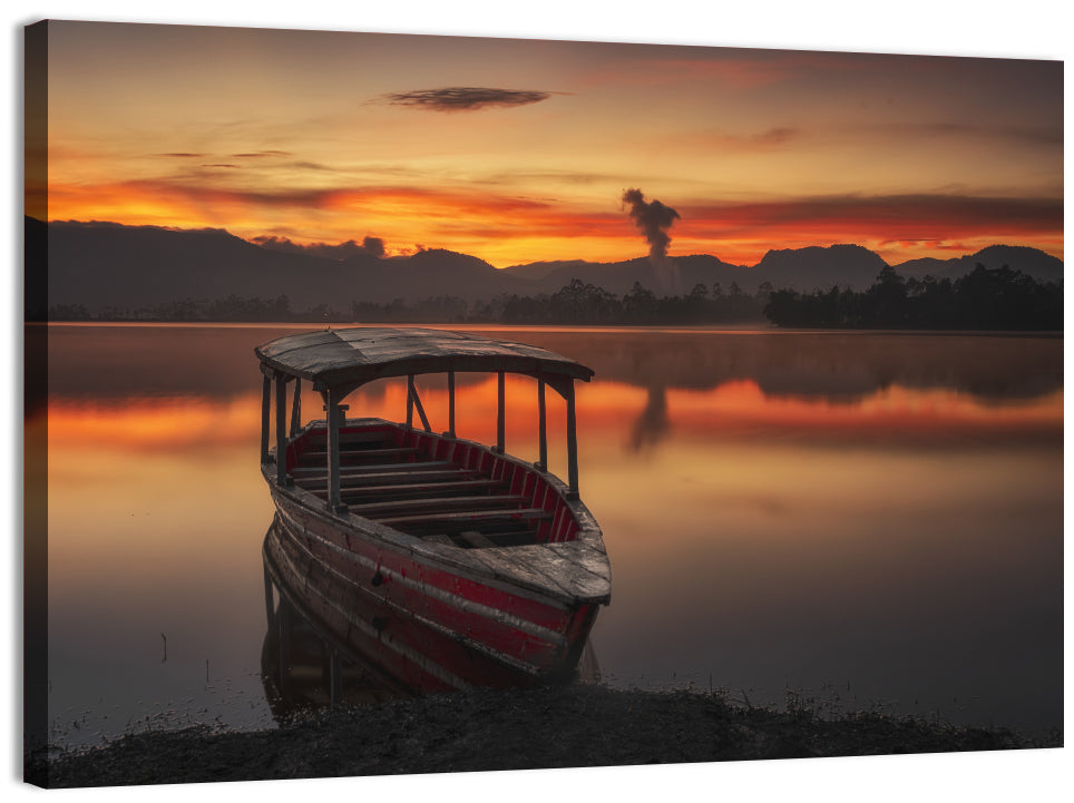 Sunset Fishing Boat on Calm Lake Wall Art, canvas print, landscape