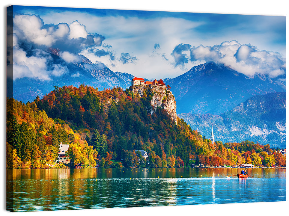 Bled Castle with Rowboat Wall Art, canvas print, landscape