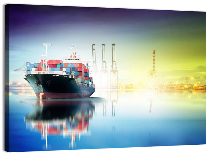 Harbor Cargo Ship with Reflection Wall Art as a canvas print
