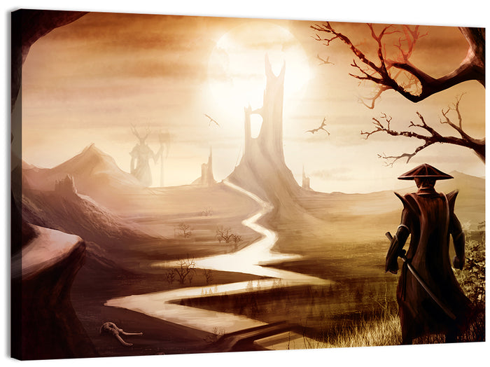 Silhouetted Samurai at Distant Tower Wall Art as a canvas print