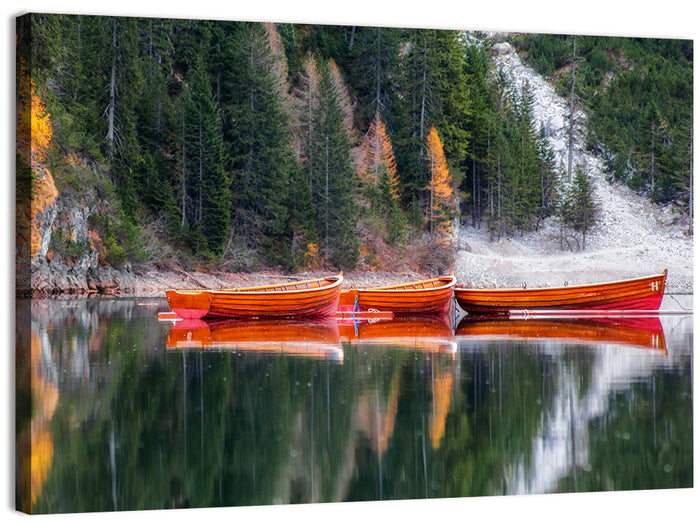 Autumn Rowboats on Mountain Lake Wall Art as a canvas print