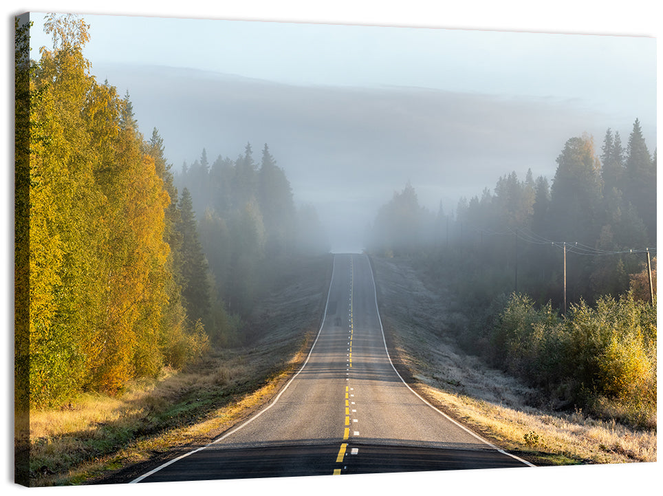 Misty Finnish Forest Highway Wall Art, canvas print, landscape