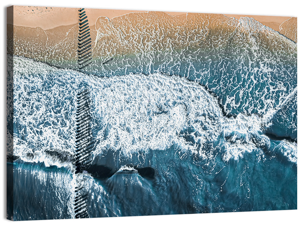 Aerial Pier Pilings Over Surf Wall Art, canvas print, landscape