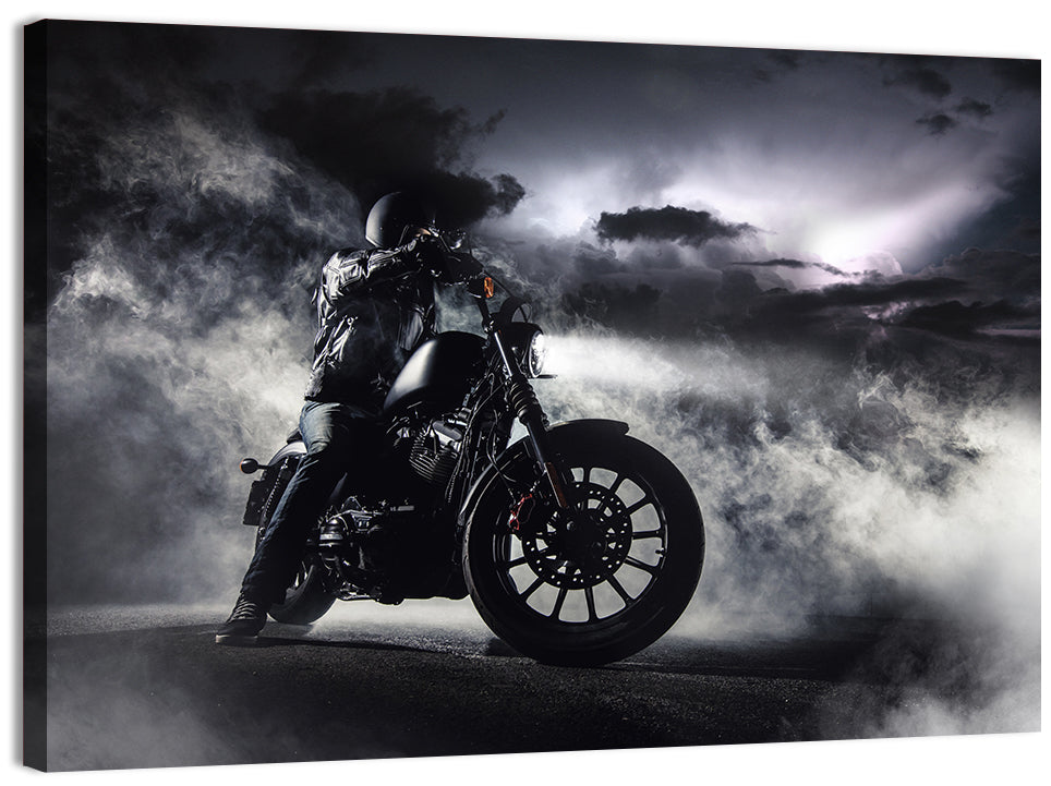 Motorcyclist in Fog at Night Wall Art