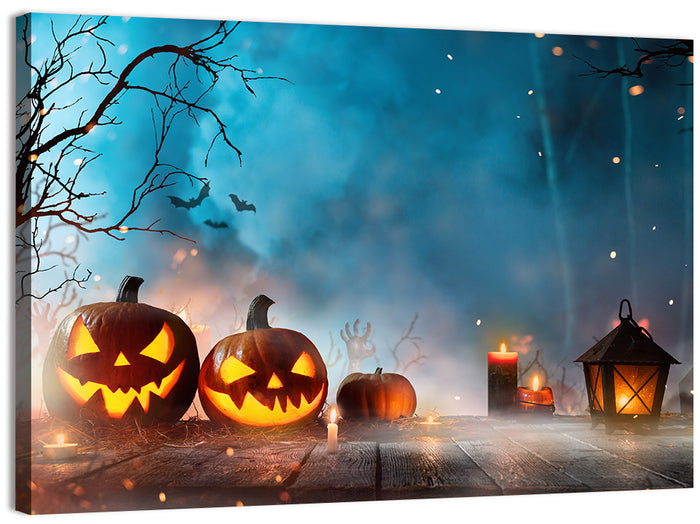 Foggy Halloween Pumpkins Wall Art as a canvas print