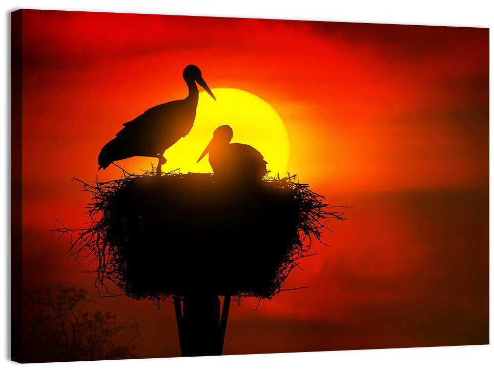 Storks in Nest at Sunset Wall Art