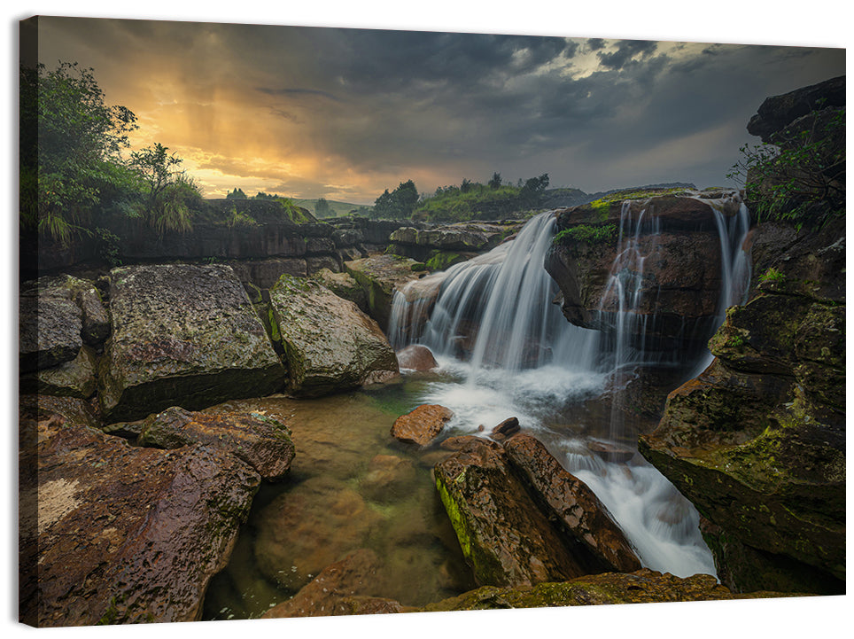 Mossy Rocks Waterfall at Golden Sky Wall Art