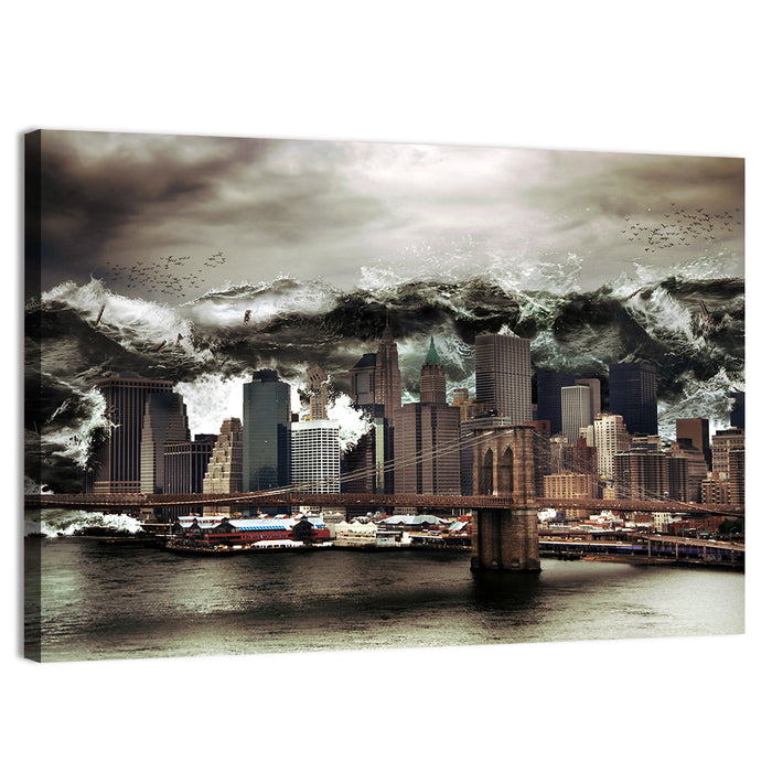 Tsunami Over Manhattan Skyline, Brooklyn Bridge Wall Art as a canvas print