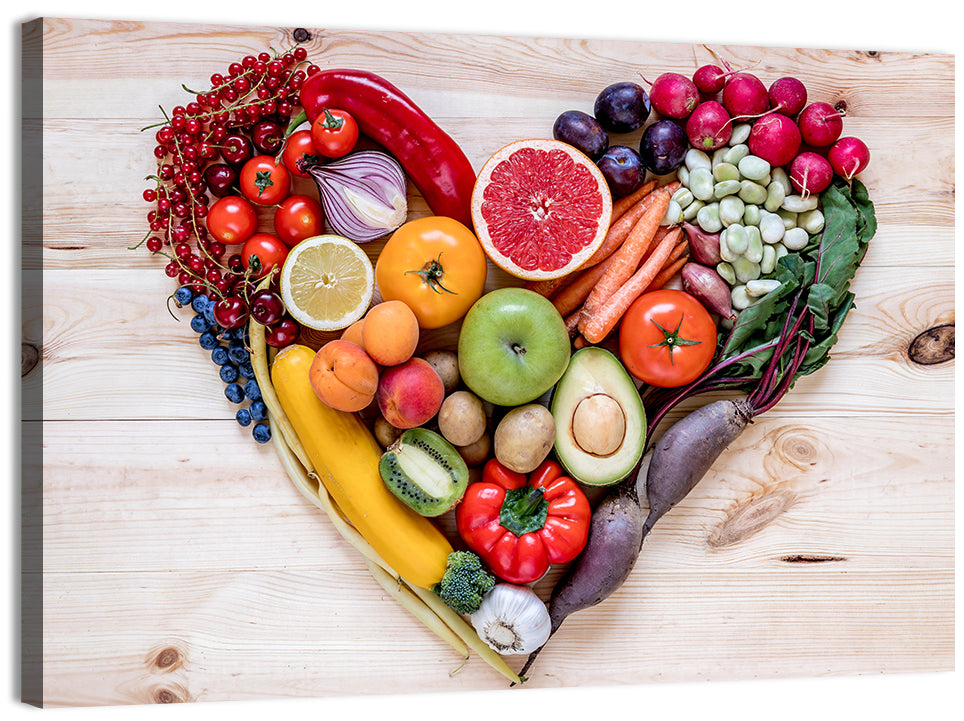 Heart of Fresh Fruits and Vegetables Wall Art, canvas print, landscape