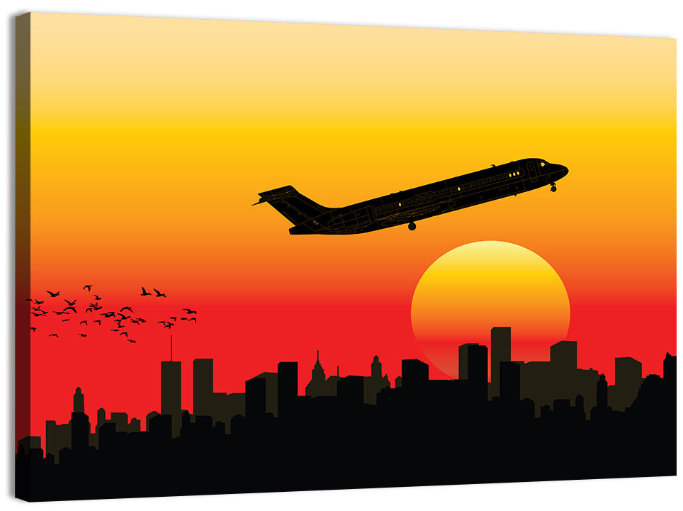 Airplane Over Sunset Skyline Wall Art