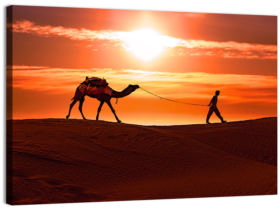 Man Leading Camel at Dusk Wall Art, canvas print, landscape