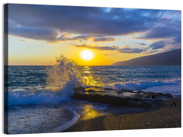 Crashing Wave at Golden Sunset Wall Art as a canvas print