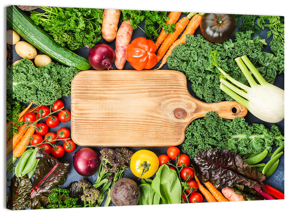 Vegetable Harvest on Cutting Board Wall Art, canvas print, landscape