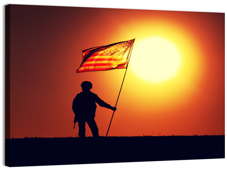Soldier Silhouette with American Flag Wall Art, canvas print, landscape