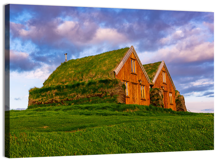 Icelandic Turf Houses at Dusk Wall Art as a canvas print
