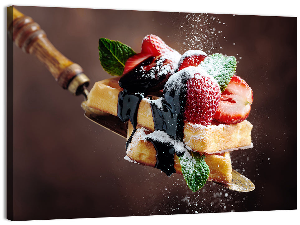 Chocolate Drizzle Waffles with Strawberries Wall Art, canvas print, landscape