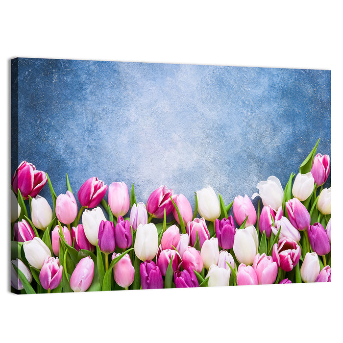 Tulips on Textured Blue Wall Art as a canvas print
