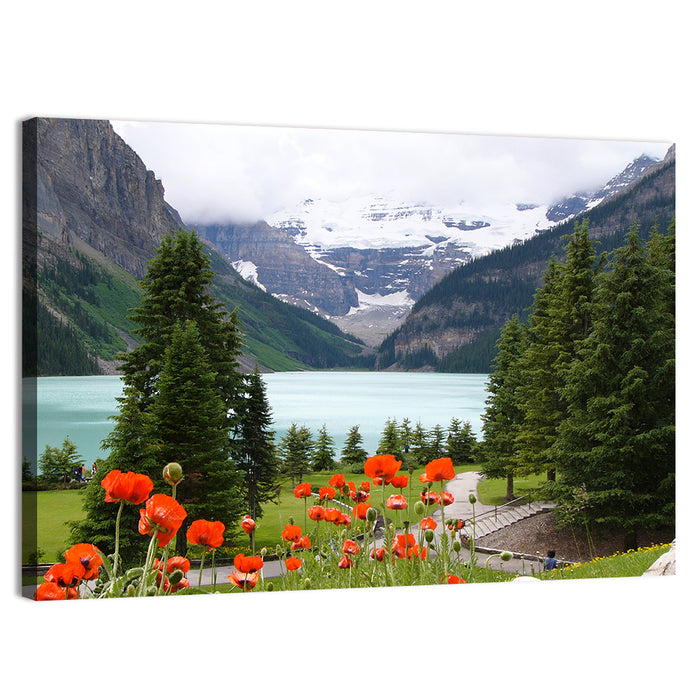 Lake Louise Poppies Wall Art as a canvas print