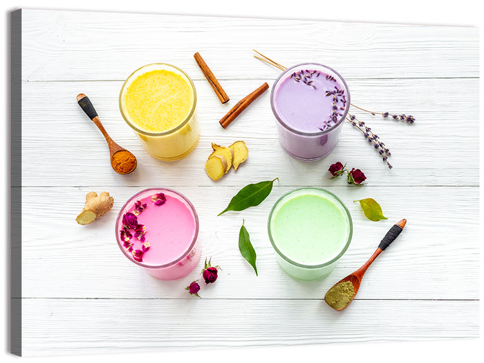Four Lattes with Botanicals Wall Art as a canvas print
