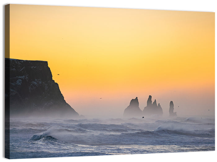 Dyrholaey Cliff with Reynisdrangar Sea Stacks Wall Art as a canvas print