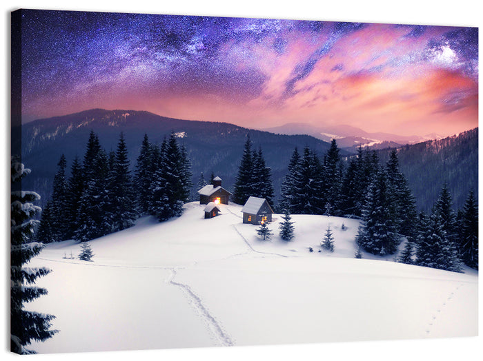 Starry Winter Cabins Under the Milky Way Wall Art as a canvas print