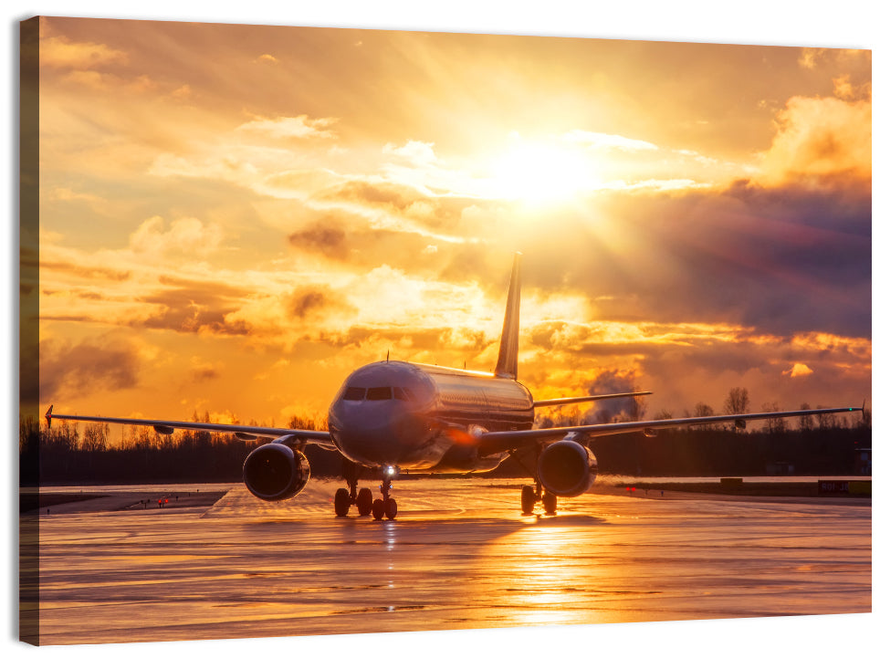 Golden Hour Airliner on Wet Runway Wall Art, canvas print, landscape