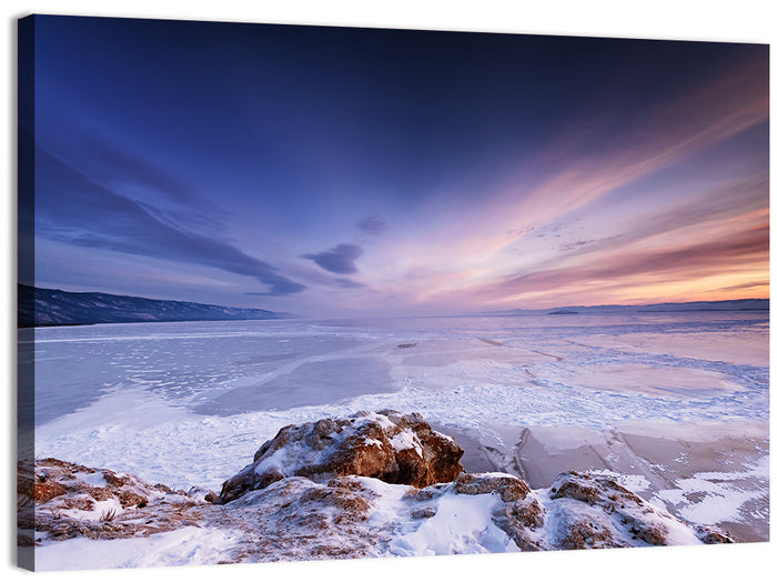 Frozen Lake Ice and Sunset Sky Wall Art as a canvas print