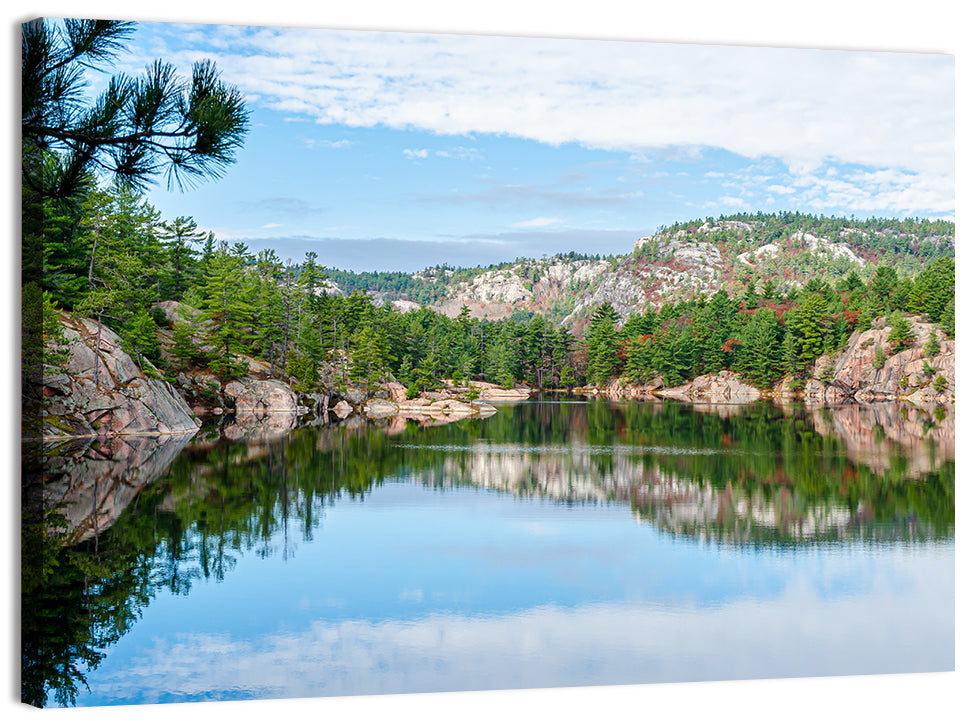 Mirror-quiet Lake and Pines Wall Art, canvas print, landscape