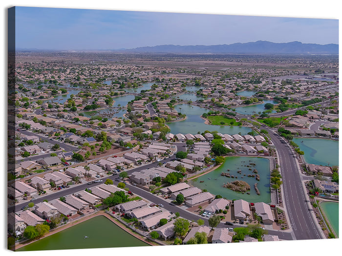 Aerial Desert Suburb with Lakes Wall Art as a canvas print