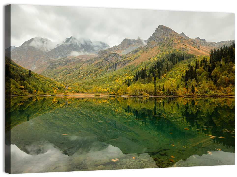 Kardyvach Lake Reflection Under Clouded Peaks Wall Art, canvas print, landscape