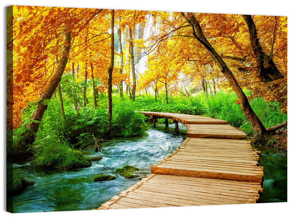 Plitvice Autumn Boardwalk Wall Art, canvas print, landscape