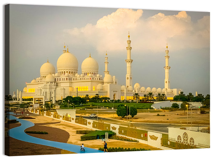 Sheikh Zayed Grand Mosque at Golden Dusk Wall Art as a canvas print