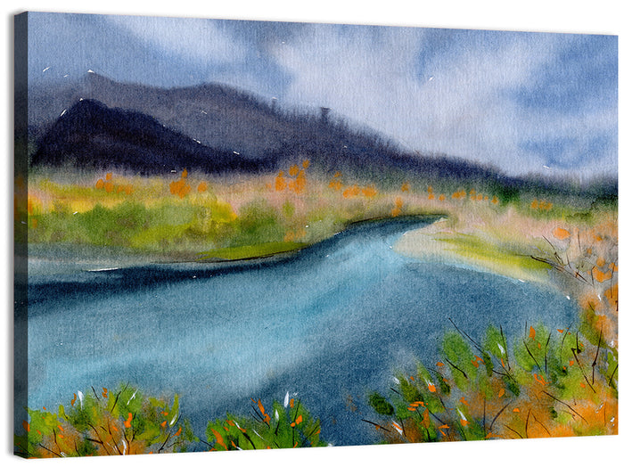 Misty Autumn River and Mountain Landscape Wall Art as a canvas print
