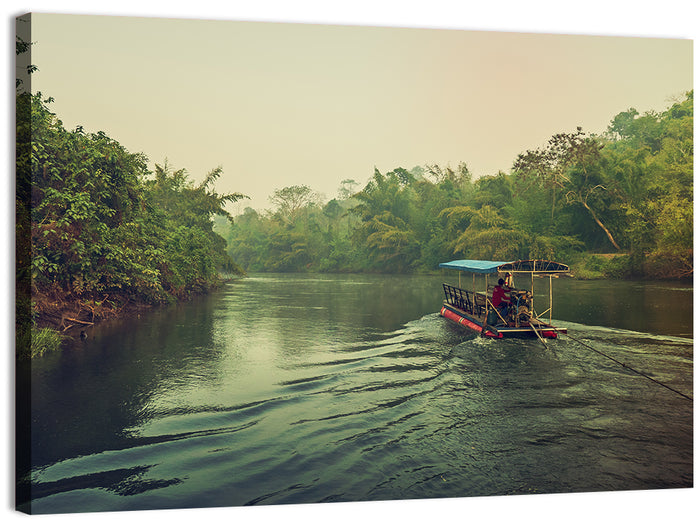 Misty Long-tail Boat on River Kwai Wall Art as a canvas print
