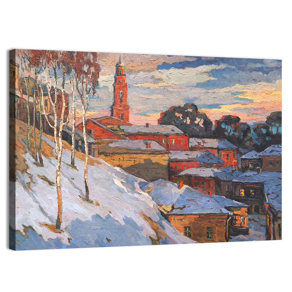 Snowy Village with Church Tower Wall Art