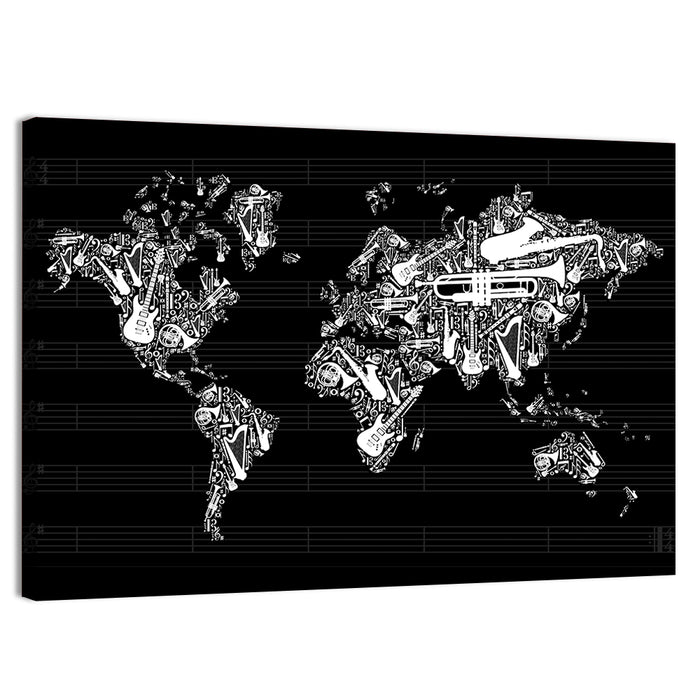 Instrument Silhouette World Map Wall Art as a canvas print