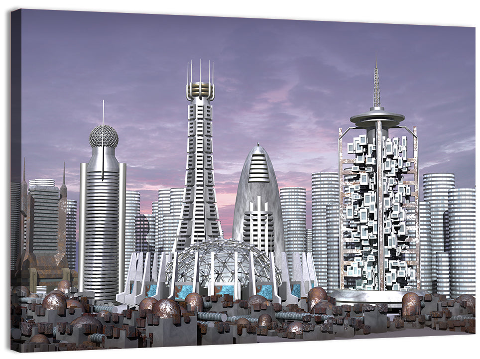 Purple Dusk Futuristic Cityscape Wall Art