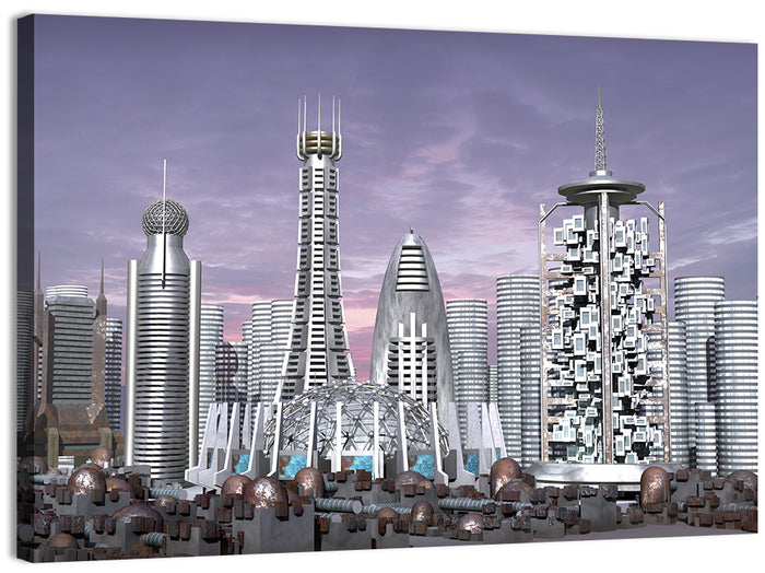 Purple Dusk Futuristic Cityscape Wall Art as a canvas print